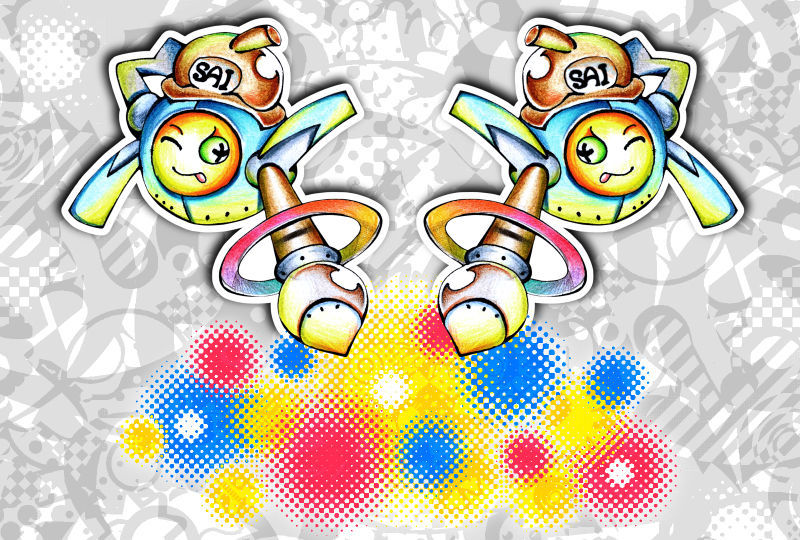 二体のお絵描きロボットがカラフルトーンを生み出すイラスト