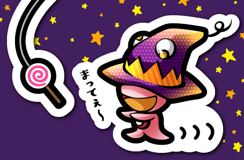 魔女のコスプレをしてお菓子の罠を追いかけるナムナムのイラスト