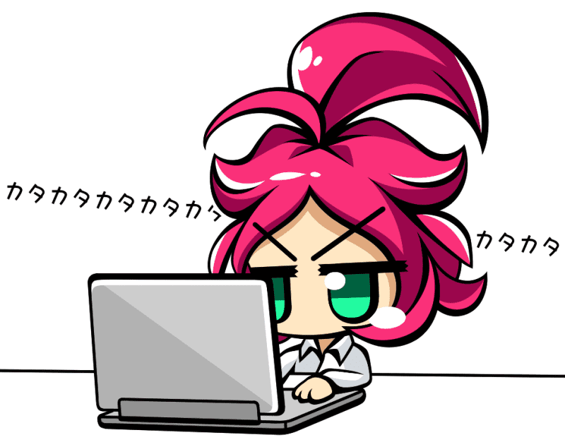 真剣な表情でカタカタとパソコンをするオベちゃんのイラスト