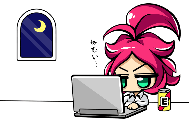 深夜に眠そうな顔でパソコン作業するオベちゃんのイラスト