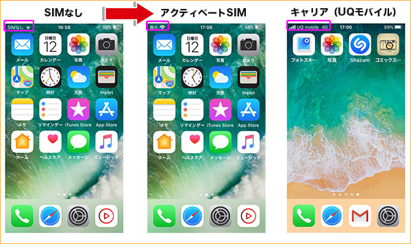アクティベートSIMを入れると画面表示が変わる