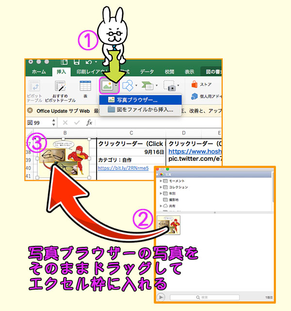 MACの写真ブラウザーからエクセルへ画像挿入する手順説明