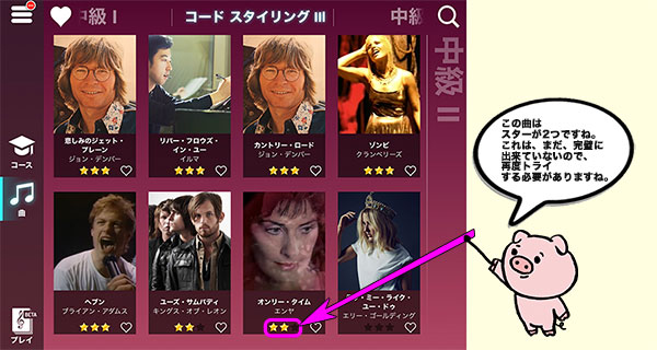 曲の出来栄えをスター表示で示している