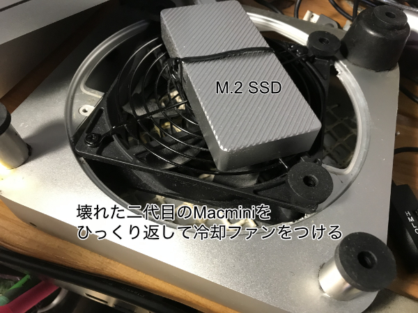 壊れた2代目のMac miniをひっくり返して冷却ファンを内蔵する。