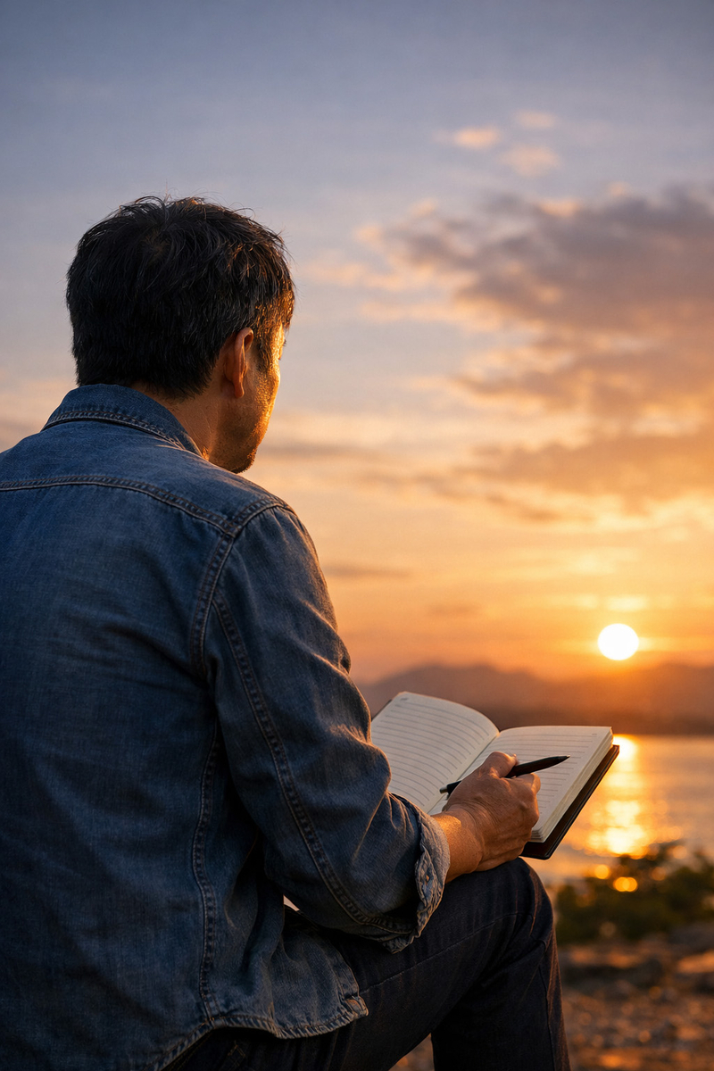 夕焼けを見つめながらノートに言葉を書き留める中年男性の後ろ姿。再出発と内省を象徴する風景。