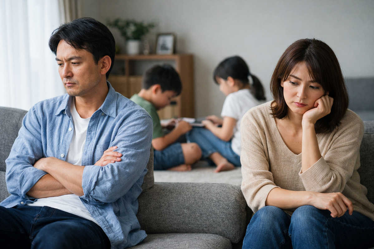 ソファに座る夫婦とその後ろで過ごす子ども2人。家庭内の緊張感と孤独を表現した4人家族のイメージ