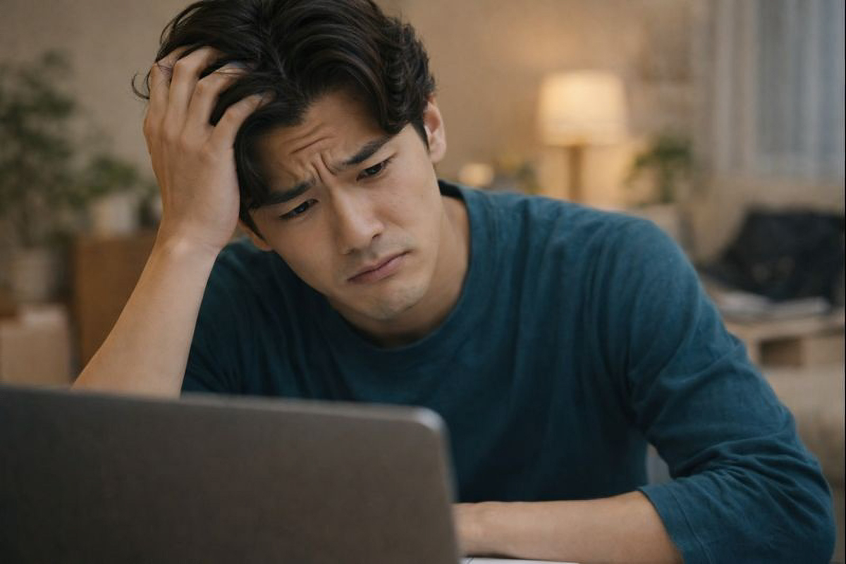 パソコンに向かい頭を抱え苦しみ悩んでいる男性