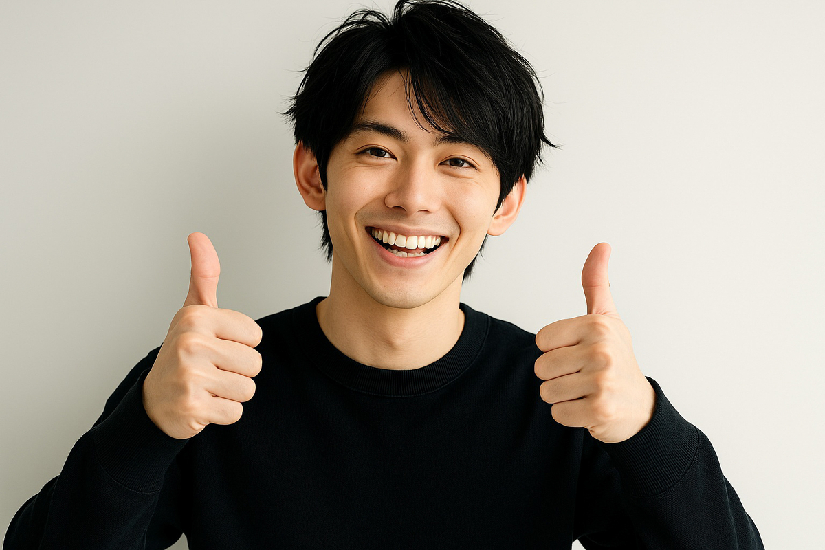 サムアップで微笑む男性