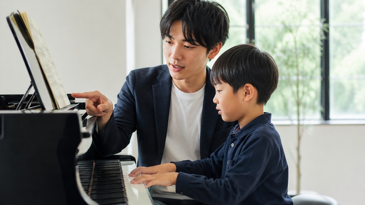 男性ピアノ講師が小さな男の子の生徒にピアノを教えている様子。明るい室内で楽譜を見ながら指導する姿が、ブランク後の再開もしやすい「冬眠可能な資格」や技能のイメージを表現している。
