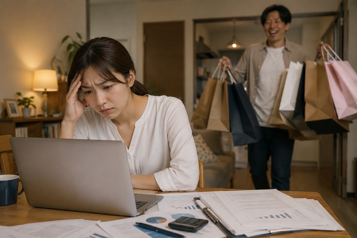 パソコンの前で頭を抱えながら家計や仕事のことで悩む女性。後ろでは大量の買い物袋を抱えた夫が帰宅しており、価値観や金銭感覚の違いによる負担やストレスをイメージした家庭の風景。