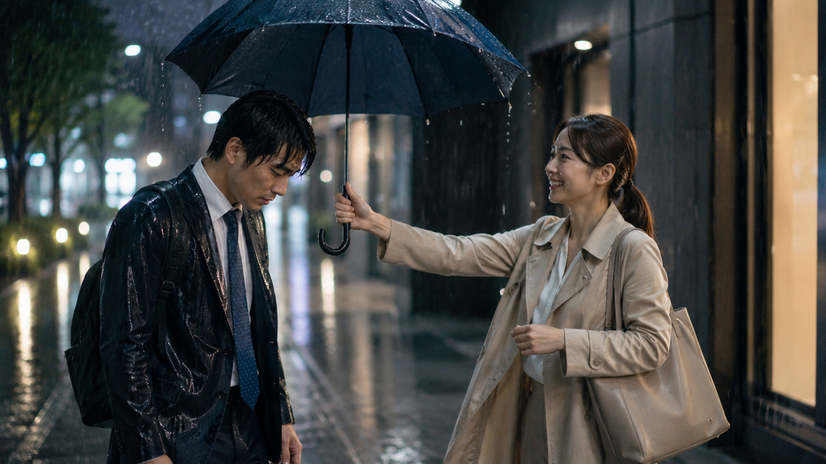雨の夜、ずぶ濡れで肩を落として帰宅したスーツ姿の男性に、笑顔の女性が傘を差し出して迎えに来ている様子。困難な時でも支え合い、人生の浮き沈みを夫婦で共に乗り越えることの大切さを表現したイメージ。