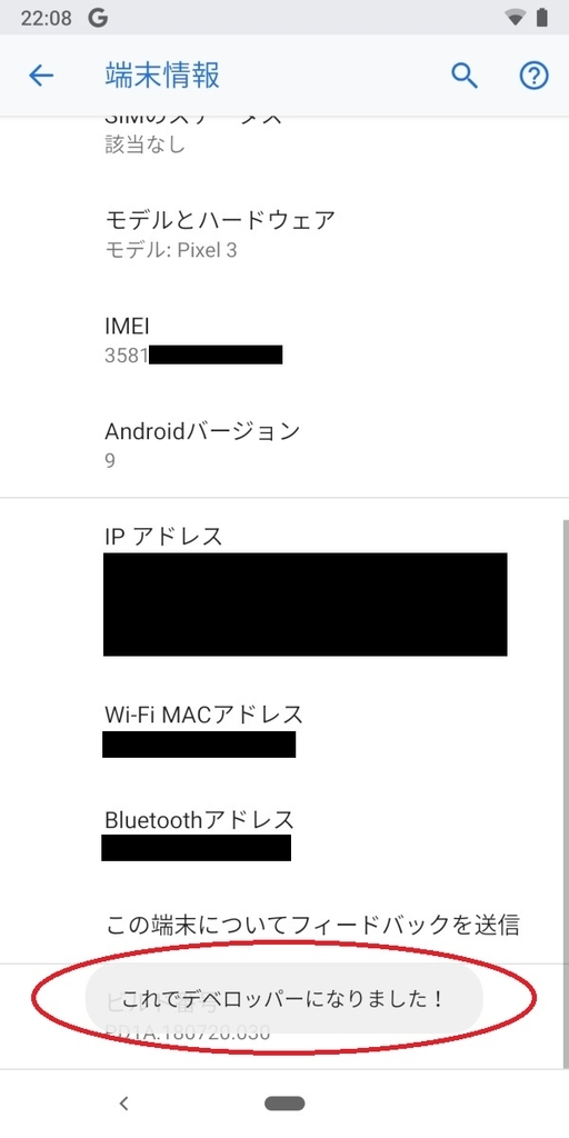 Pixel3、Android9、開発者モードON