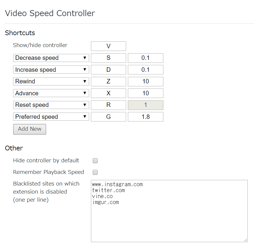 VideoSpeedController、操作方法一覧