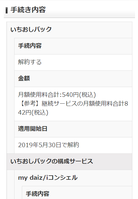 mydocomo、ケータイデータお預かりサービス、解約内容確認