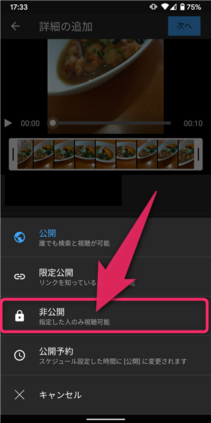 YouTube、アップロード、非公開