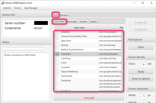 Xiaomi ADB fastboot Tools、ADB、uninstall