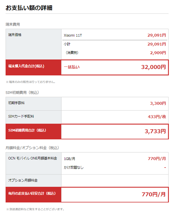 OCNモバイルONE、新規契約、初期費用