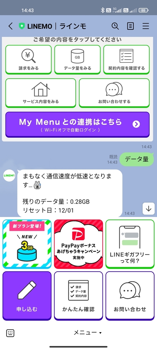 LINEMO、通信量、確認