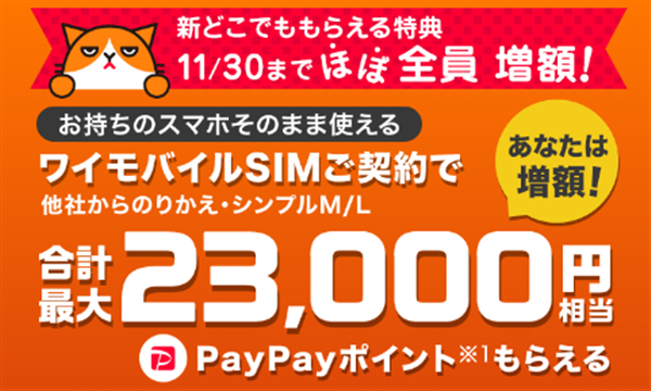 ワイモバイル、23000円還元、2022年11月、イメージ