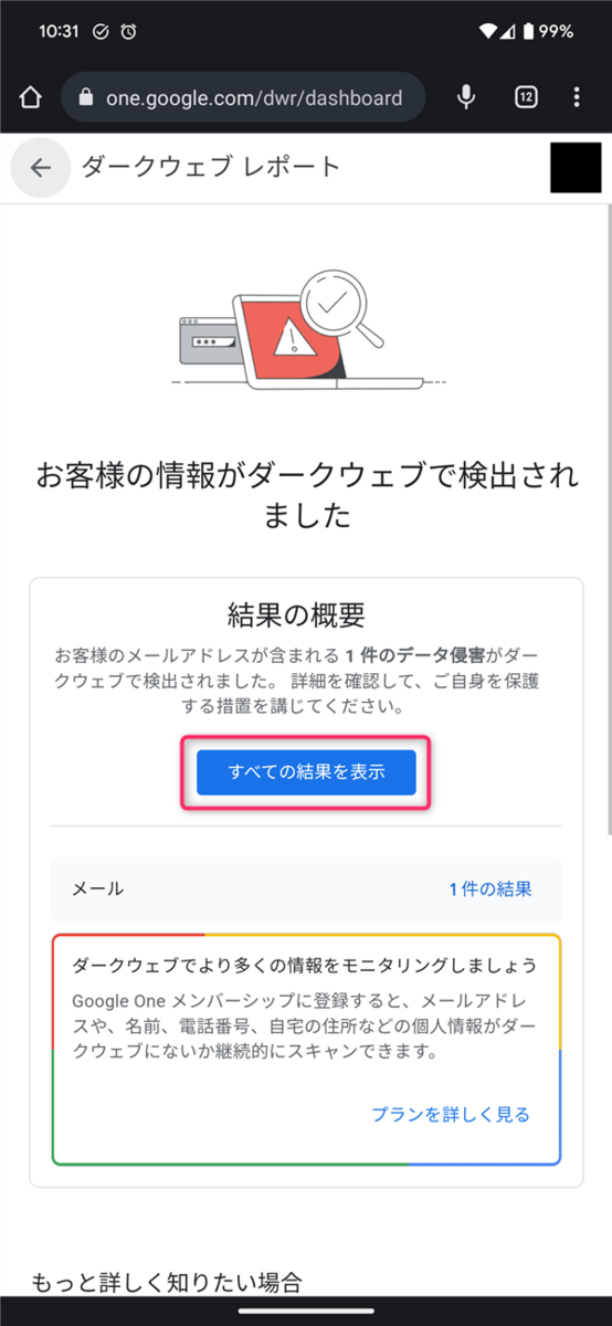 Google One、ダークウェブレポート、結果