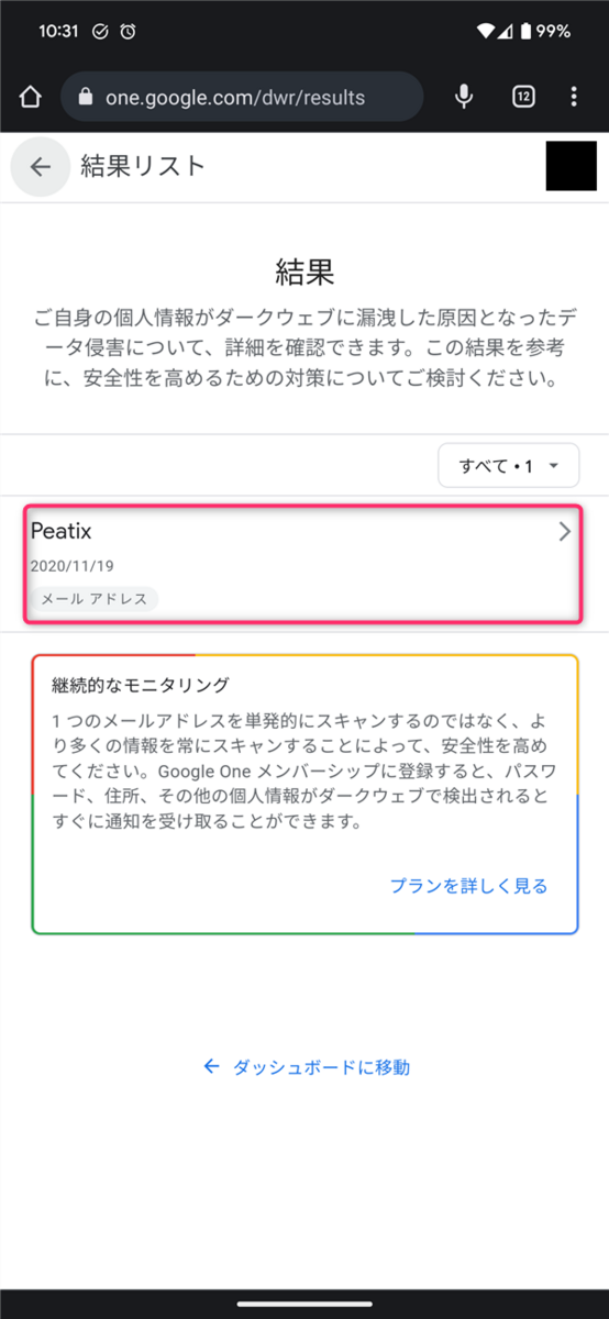 Google One、ダークウェブレポート、結果の詳細