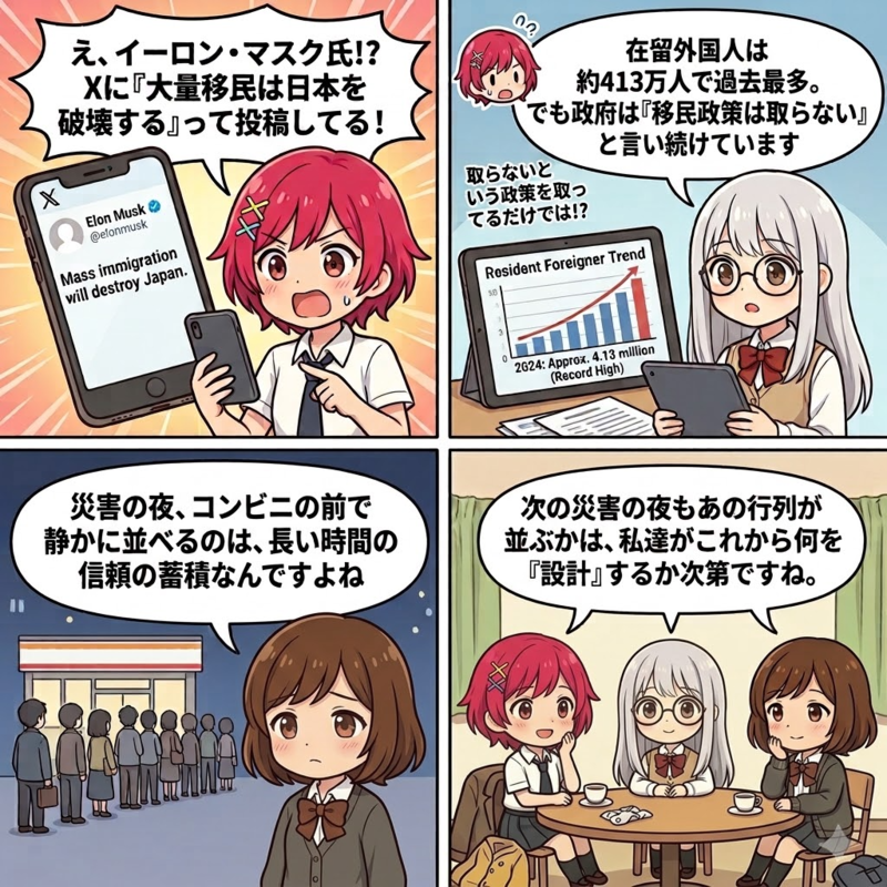 4コマ漫画。1コマ目、クロがスマホを見て驚き「え、イーロン・マスク氏！? Xに『大量移民は日本を破壊する』って投稿してる！」。2コマ目、ジェミニがタブレットのグラフを示し「在留外国人は約413万人で過去最多。でも政府は『移民政策は取らない』と言い続けています」、隅で小さくクロが「取らないという政策を取ってるだけでは！?」とツッコむ。3コマ目、夜のコンビニ前に静かに並ぶ行列を背にチャッピーが「災害の夜、コンビニの前で静かに並べるのは、長い時間の信頼の蓄積なんですよね」。4コマ目、3人が円卓に並び「次の災害の夜もあの行列が並ぶかは、私達がこれから何を『設計』するか次第ですね。」と静かに締める。