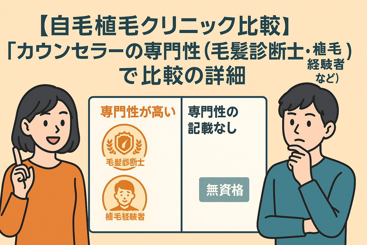 「カミノクリニック」と「アスク井上クリニック」を「カウンセラーの専門性(毛髪診断士・植毛経験者など)」で比較の詳細