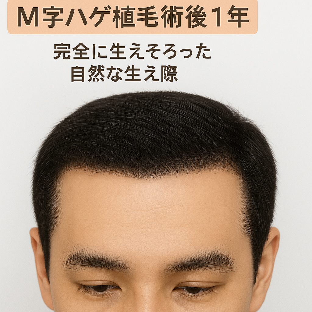（M字ハゲ植毛術後1年が経過し、完全に生えそろった自然な生え際）の画像