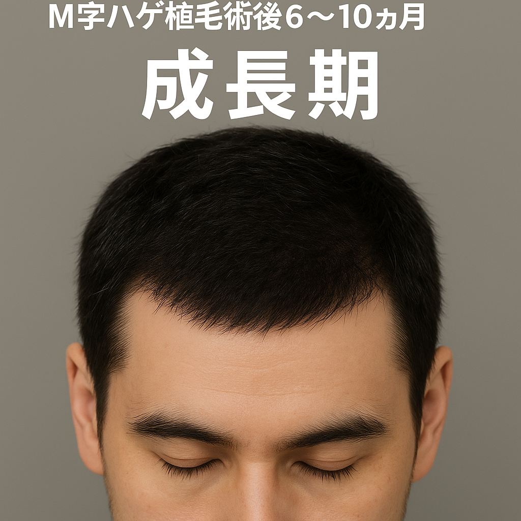 【M字ハゲ植毛術後6～10ヶ月】成長期（産毛が太く、長く成長し、M字だった部分が黒々と埋まってくる）の画像