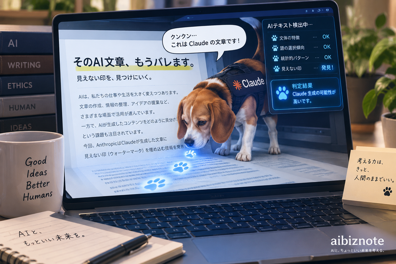 パソコンの中の警察犬がAI文章の見えない印を嗅ぎ分けるイメージ