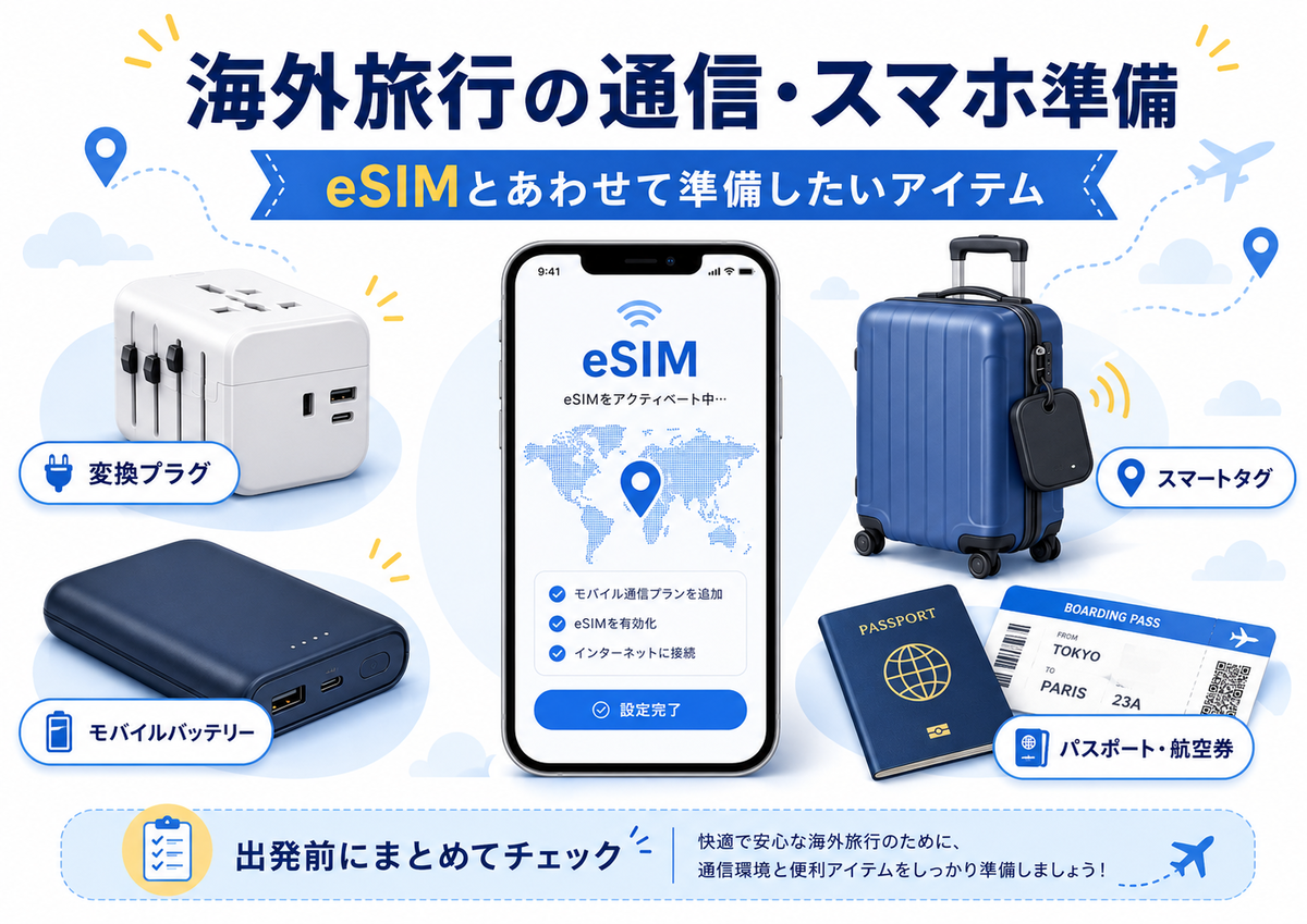 海外旅行の通信・スマホ準備 eSIM 変換プラグ モバイルバッテリー スマートタグ