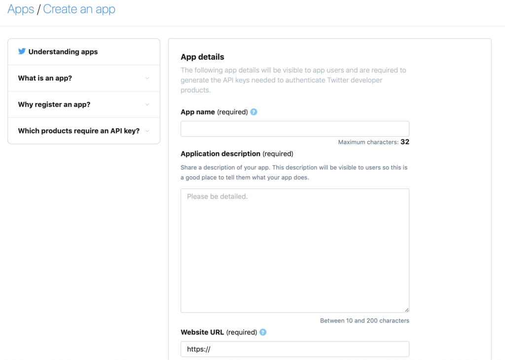 "Create an App- App登録画面"