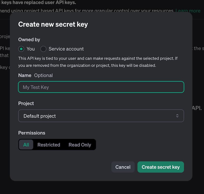 "APIトークン作成モーダル画面"