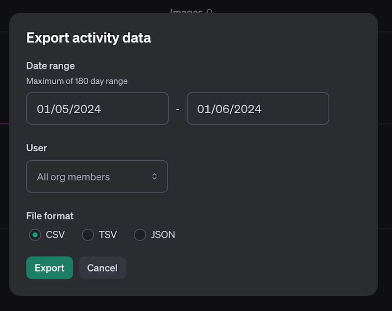 "Usage > Activityタブ画面 > Exportモーダル画面"