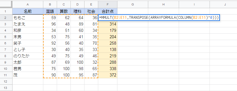 f:id:aimstogeek:20190228132434p:plain MMULT(B2:E11,TRANSPOSE(ARRAYFORMULA(COLUMN(B2:E11)0)))