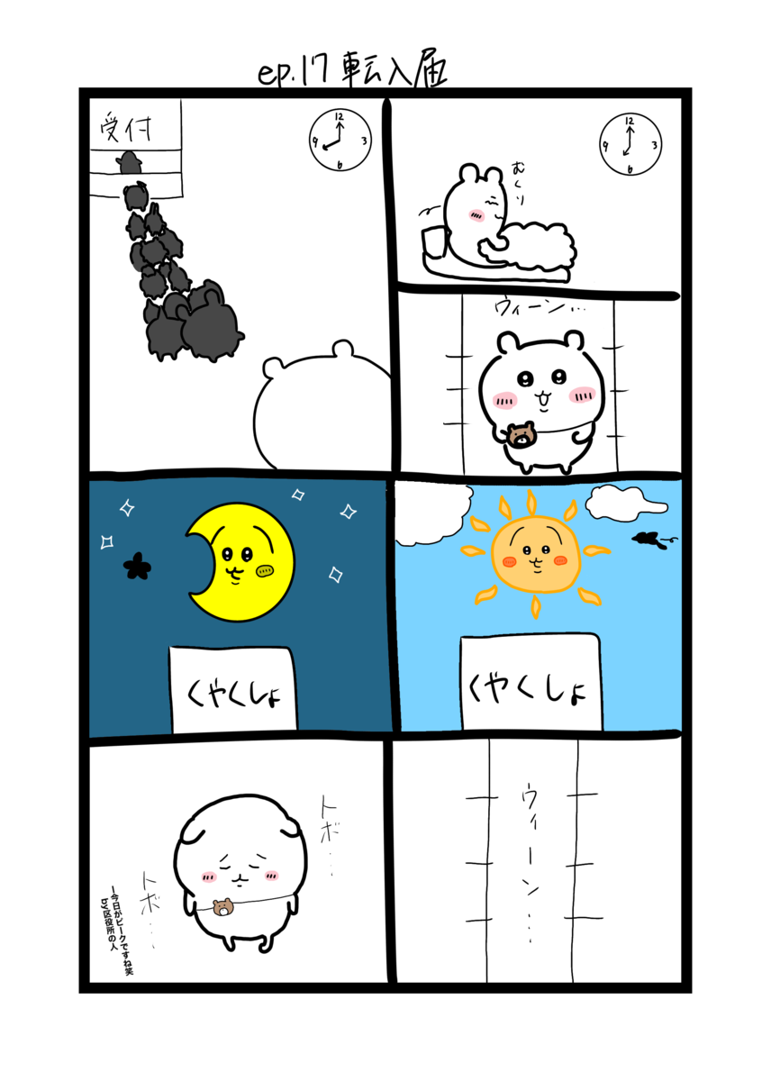 区役所に行くちいかわ漫画。朝に行ったはずなのに役所を出る頃には夜になっている…