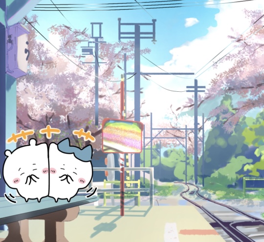 春の路線でクスクスと笑い合うちいかわとハチワレ