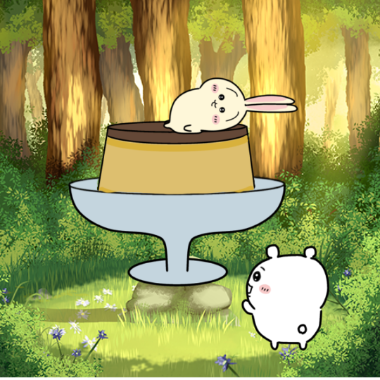 プリンの上で寝るうさぎとそれを見守るちいかわのイラスト