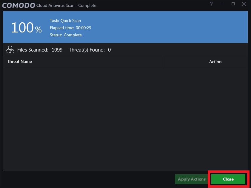 「Comodo Cloud Antivirus」のインストールの完了後に開始されるシステムスキャンが安全に終了した画面