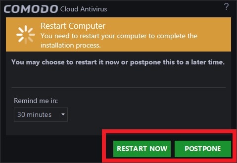 「Comodo Cloud Antivirus」によるパソコンの再起動を要求する画面