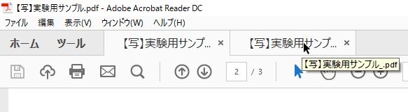 「【写】実験用サンプル.pdf」と「【写】実験用サンプル_.pdf」の2つが開いています。 「【写】実験用サンプル.pdf」と「【写】実験用サンプル_.pdf」の2つが開いています。
