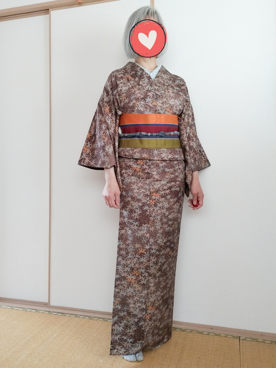 笹柄の袷に博多織の半幅で試着コーデ 今日の猫さん - つくしんぼうと山桜