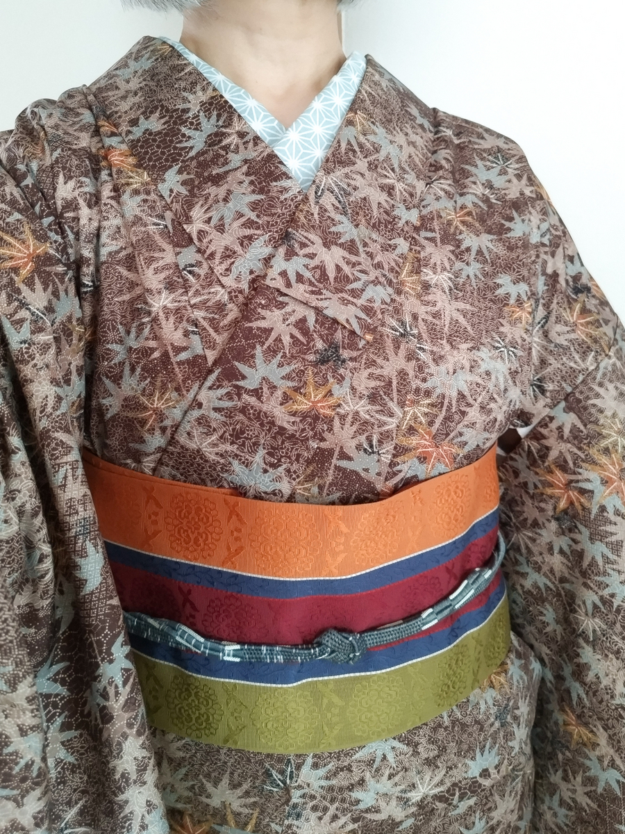 笹柄の袷に博多織の半幅で試着コーデ 今日の猫さん - つくしんぼうと山桜