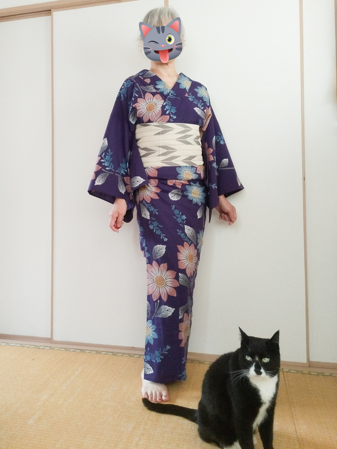アナスイ 羽根模様 浴衣 帯 紫の向日葵浴衣に矢羽根の浴衣帯 くるりんぱアレンジのアップ
