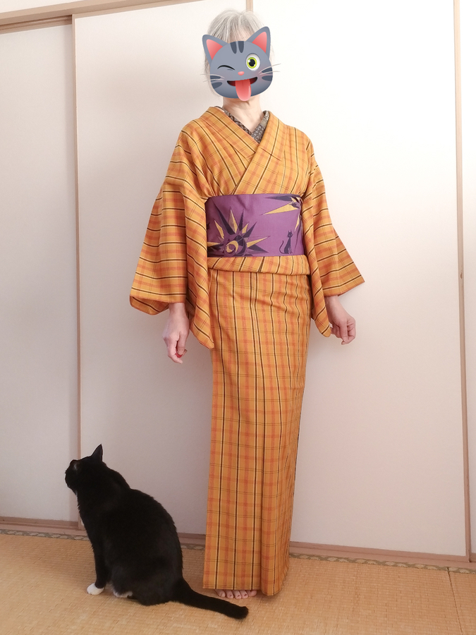 格子ウールに猫半幅で辛子×紫のコーデ シュシュでシニョン 今日の猫
