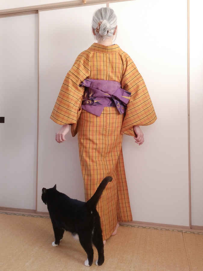 格子ウールに猫半幅で辛子×紫のコーデ シュシュでシニョン 今日の猫