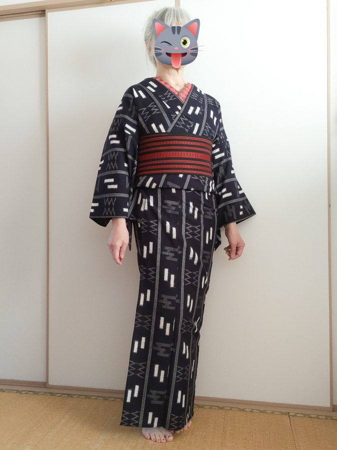 琉球絣風のウール着物で沖縄ちっくなコーデ 木竜皇方式でまとめたお