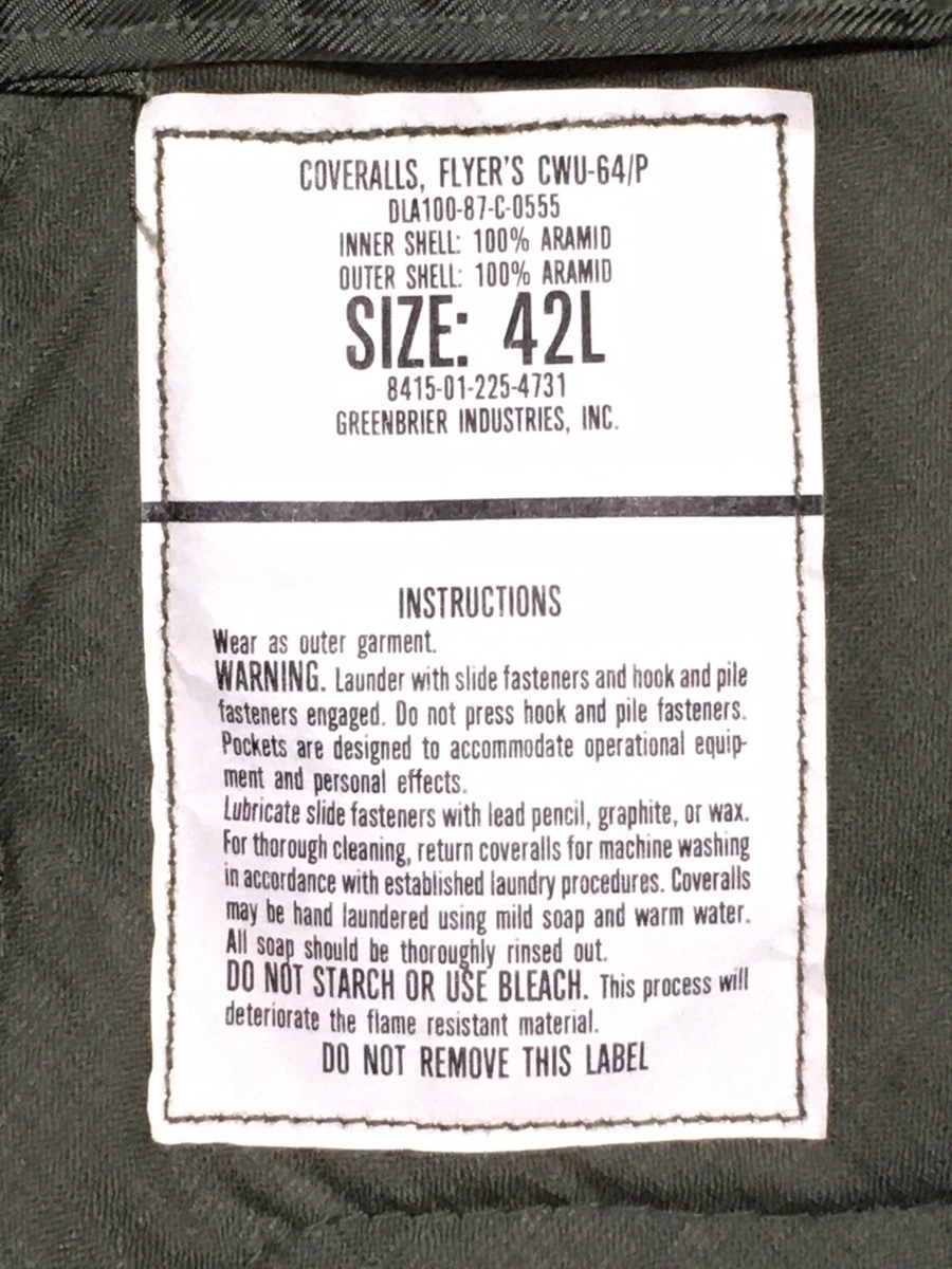 1980年代アメリカ空軍CWU-64Pカバーオールタグサイズ42L