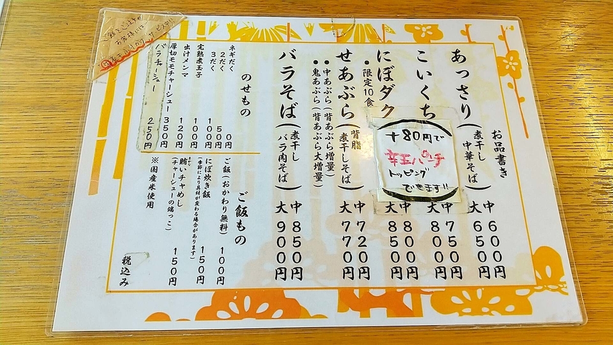 ひらこ屋のメニュー。安い！！！