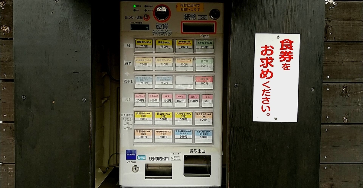 秋田市【ラゥメン大地】のメニュー。券売機は店外にあります。